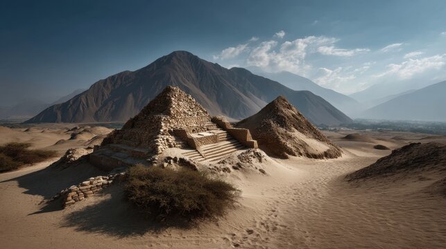 Ancient caral pyramids in peruvian desert landscape