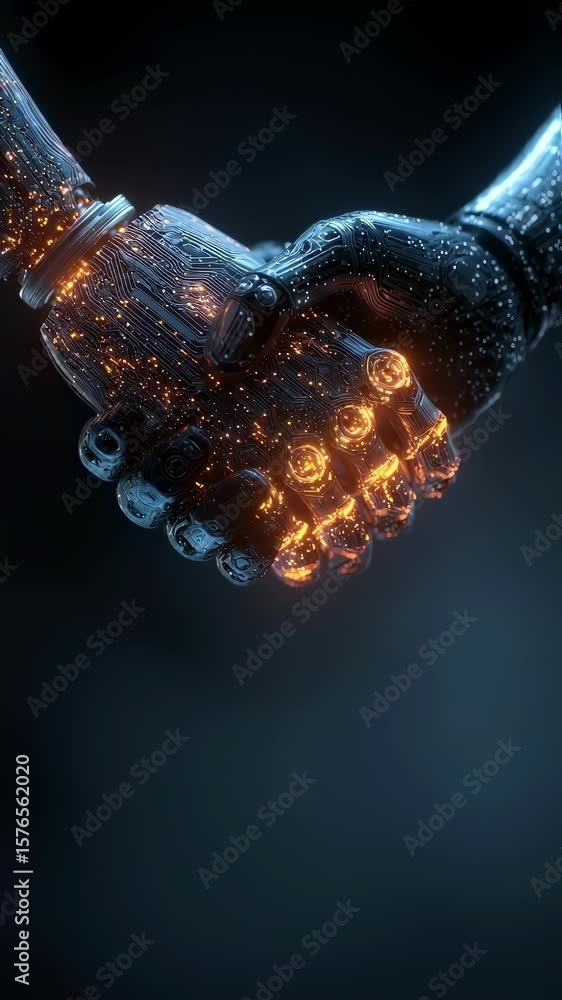 Poster two robotic hands, illuminated by glowing circuits, engage in a firm handshake against a dark backgr