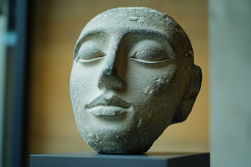 Close-up of a serene ancient stone head