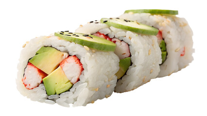 Three Fresh Sushi Rolls with Cucumber and Crab Filling on White Background


