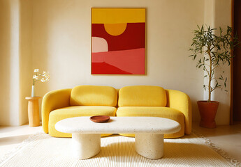 Creative living space with pops of color and organic shapes. Highlights include the cozy sofa and expressive art.