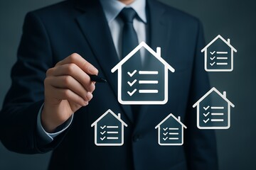 Real Estate Inspection Concept with Businessman Checking Boxes on House Icons Representing Detailed Home Assessments and Property Evaluations