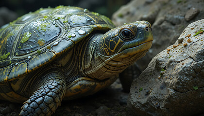 Obraz premium A closeup of a turtle reveals its ancient eyes and textured shell, highlighting the beauty and resilience of this reptile