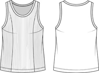 Vector sleeveless tank top template, front and back technical sketch, fashion design outline, fitted athletic wear, apparel mockup, editable clothing layout for rendering