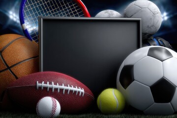 A collection of diverse sports balls and gear laid out around an empty frame, suggesting preparation for an upcoming game or sporting event. The atmosphere is dynamic and energetic