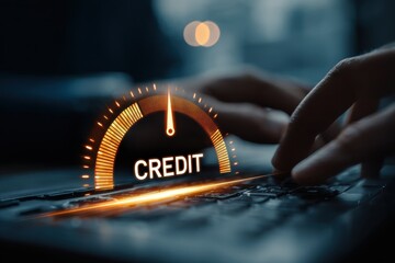 Person typing on laptop keyboard with credit score overlay displayed on screen