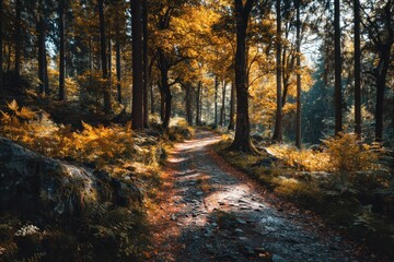 Hiking trail winds through lush green forest at dawn in Bavarian Forest National Park, Germany, showcasing morning sunlight and colorful foliage