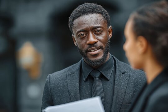 Two business professionals discussing documents outside of a modern office building in the city