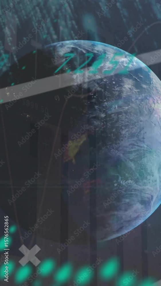 Poster animation of data processing with globe over screens