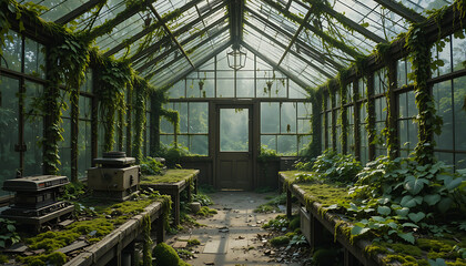 An abandoned greenhouse, overgrown with ivy and moss, stands as a testament to natures reclamation, its vintage glass structure filled with tranquil decay