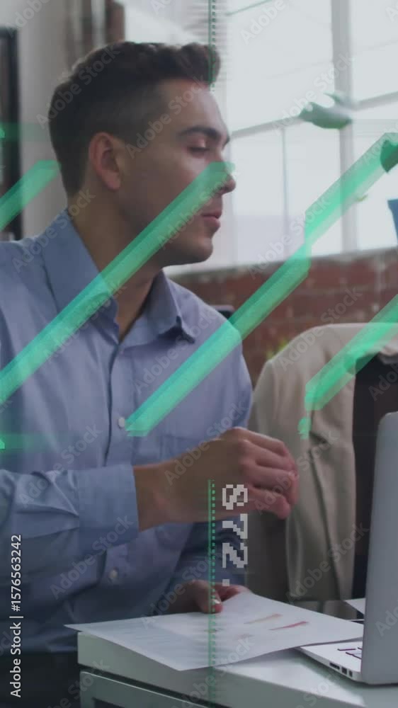 Poster animation of data processing and scope scanning over diverse colleagues discussing work in office