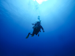 An experienced scuba diver underwater wearing a tank, signaling with his hand to take a photo. The...