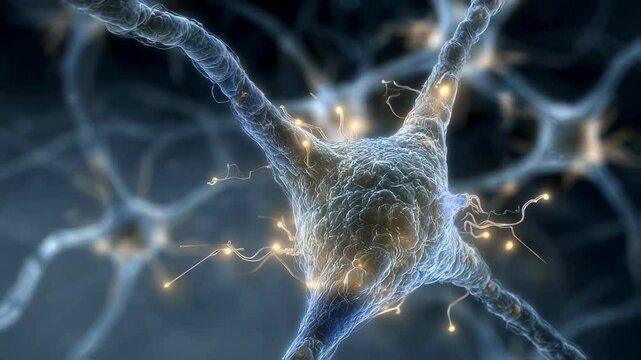 A closeup illustration of a neural synapse emphasizing the biochemical release of neurotransmitters as electrical signals jump across the synaptic gap. The detailed structure reveals