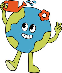 Retro Earth Character Watering Itself