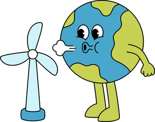 Retro Earth Character Blowing Wind Turbine