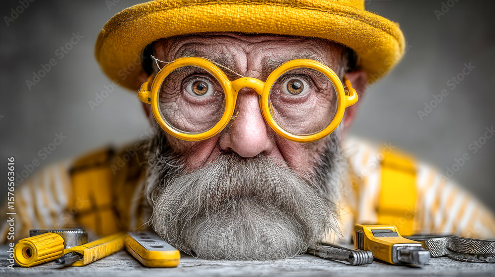 Poster a man with a yellow hat and glasses is looking at the camera. he is surrounded by tools and has a to