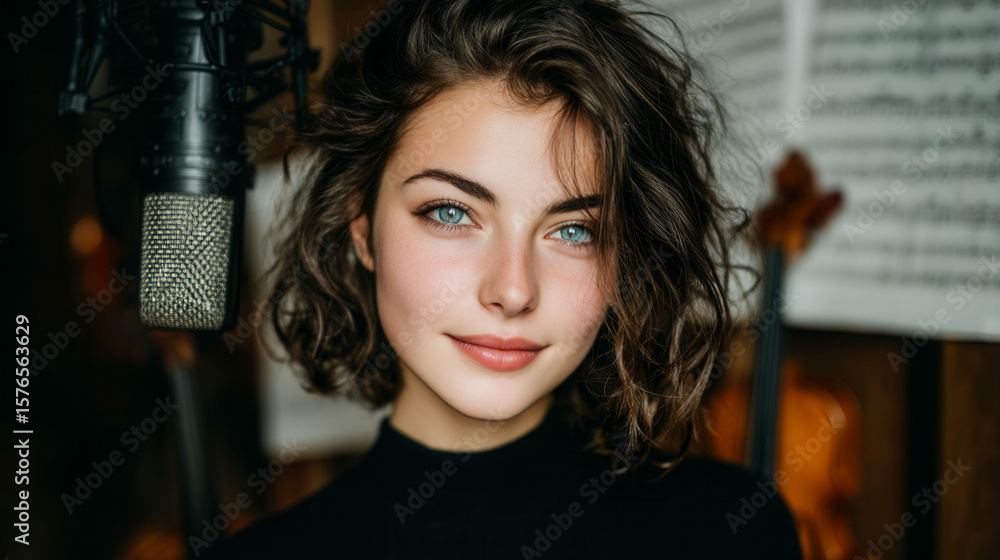 Poster a woman with a microphone in front of a sheet of music. she is smiling and looking at the camera