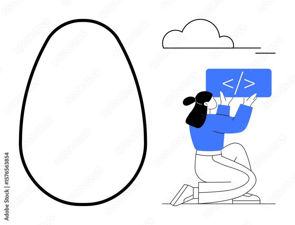 Poster woman interacting with coding interface, cloud design, and abstract egg. ideal for tech development,
