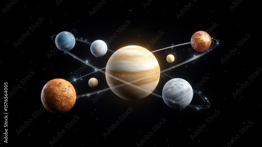 Poster majestic view of solar system with planets and cosmic elements in space with stars and planets orbit