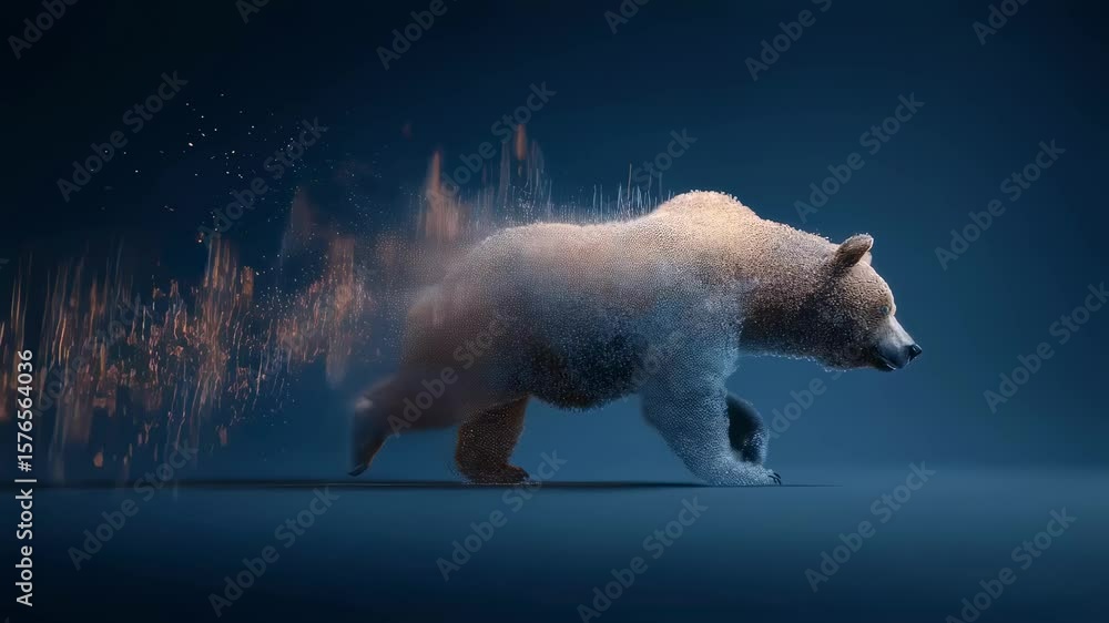 Poster a conceptual visualization of a bull turning into a bear against a backdrop of collapsing stock char