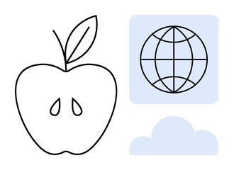 Apple with seeds and leaf paired with a globe and cloud outline in a minimalist blue and black design. Ideal for sustainability, health, global connection, environment, technology, education, simple