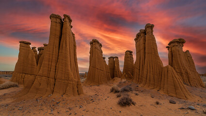 The towering rock formations of the desert landscape are bathed in the warm glow of the setting sun, creating a dramatic and aweinspiring scene