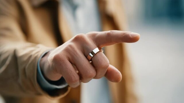 Man hand with silver ring and jewelry pointing forward, close up focus on finger, confident gesture in natural light, casual brown jacket, modern style, assertive mood