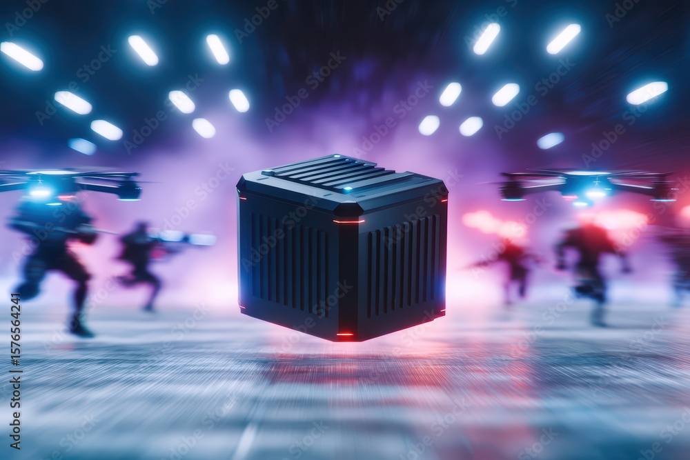 Poster futuristic sci-fi cargo box surrounded by drones in a high-tech environment with dynamic lighting ef