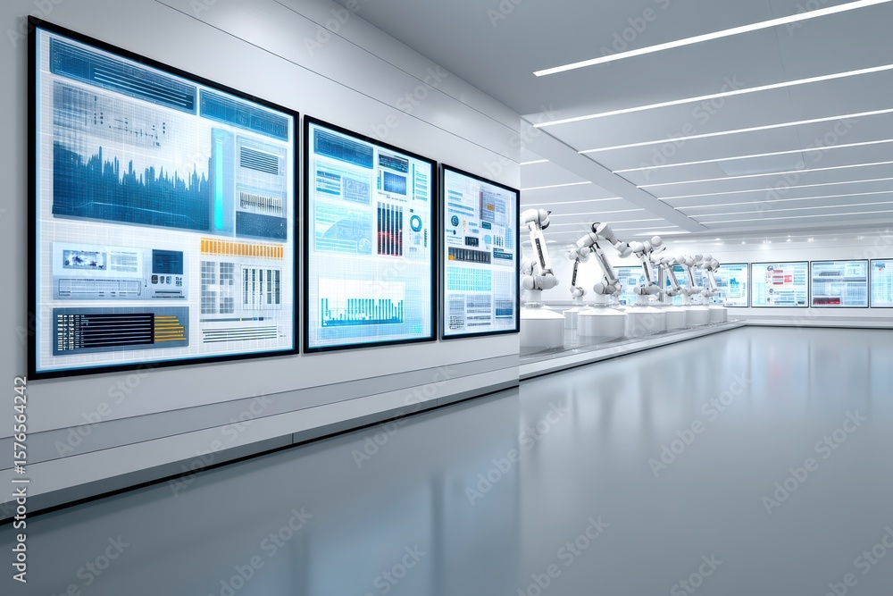 Poster advanced robotics technology display in modern research laboratory with interactive screens and robo