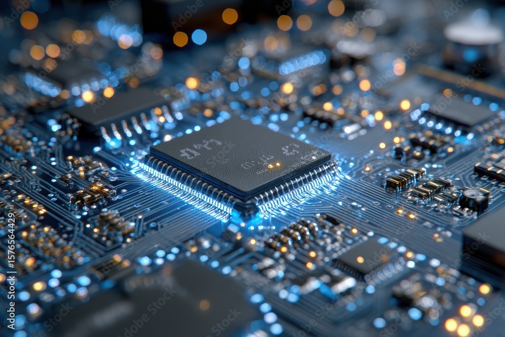 Poster illuminated microchip integrated on computer motherboard technology showing information flow