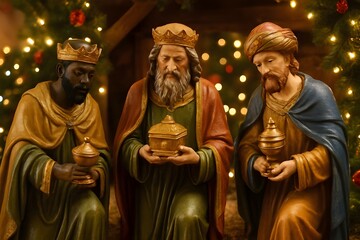 Fototapeta premium Three Wise Men Figurines in Festive Nativity Scene with Warm Christmas Lights and Decorations