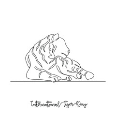 One continuous line drawing of International Tiger Day vector illustration. International Tiger Day themes design concept in simple linear continuous line. Animal design campaign for social purpose.