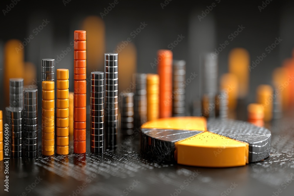 Aufkleber glass bar graph showing business growth with red and orange pie chart sections on a world map repres