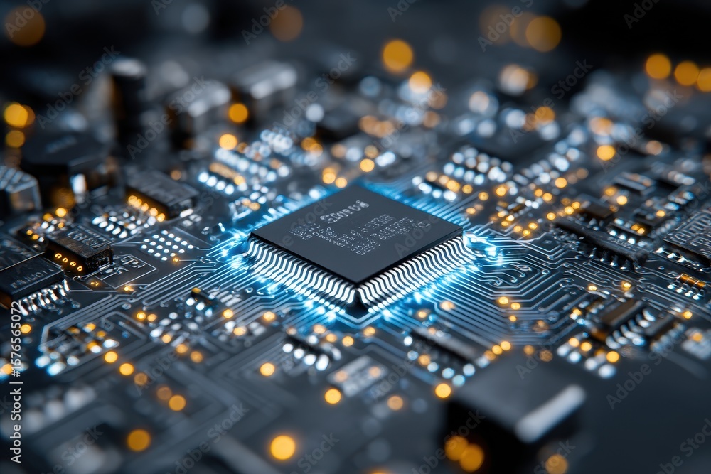 Poster illuminated microchip integrated on computer motherboard technology showing information flow