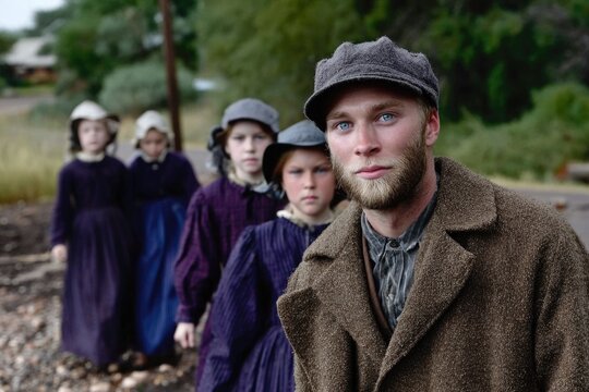 Pioneer Mormon portrait: weathered face, sacred mission, humble garment, strong posture, mountain trail, enduring faith, western path, determined look, plain dress, devoted heart