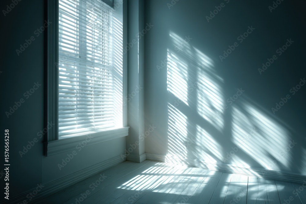 Poster sunlight streams through window blinds casting striking shadows on wall and floor of empty room crea