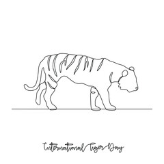 One continuous line drawing of International Tiger Day vector illustration. International Tiger Day themes design concept in simple linear continuous line. Animal design campaign for social purpose.