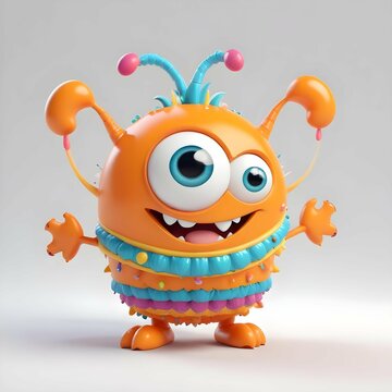 3d model of a cute orange monster with large eyes, a wide smile, and colorful antennae on its head, standing against a plain white background