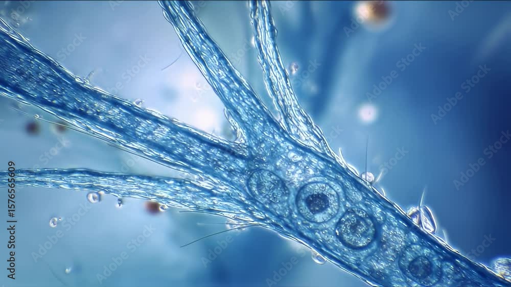 Poster microscopic view of algae cells reveals intricate details of their structure, offering insights into