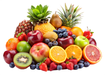 various fruits fresh produce isolated on white background, png, ai generated.