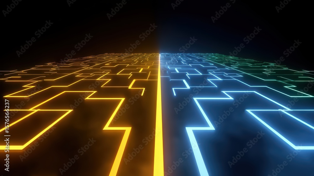 Poster abstract digital maze with neon yellow and blue lines creating a futuristic pathway in a dark enviro