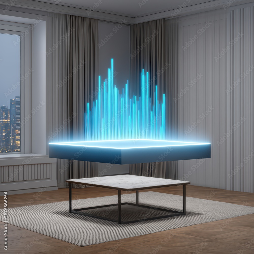 Poster futuristic abstract scene with glowing light bars and empty floating platform in modern interior set