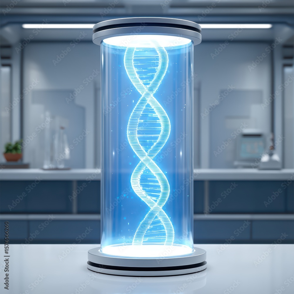 Poster futuristic 3d dna helix structure display in laboratory environment with glowing effects and scienti