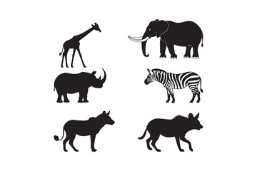 Collection of black silhouettes of african safari animals on white background