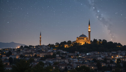 Naklejka premium Illuminated mosque with minarets stands atop a hill overlooking a town at night, under a starry sky.
