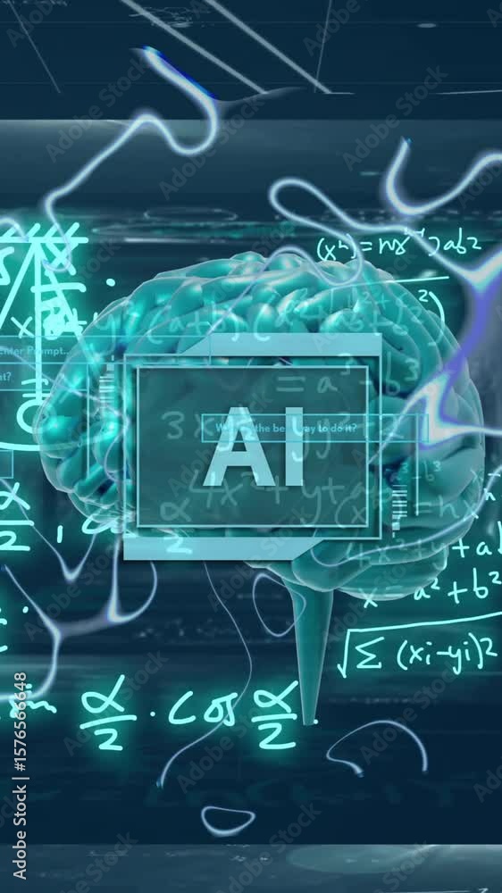 Poster animation of human brain, ai text and mathematical data processing