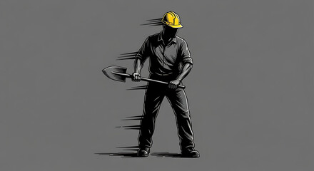 Construction Worker with Shovel Illustration of Diligence and Industry, Showing a Worker in Action