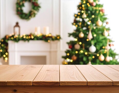 Blurred Christmas scene, wooden table