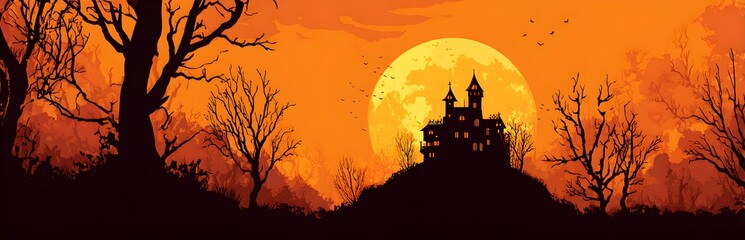 Silhouette of a Haunted House against a Full Moon on Halloween Night