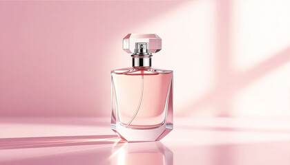 Elegant perfume bottle isolated on soft background illuminated by natural light